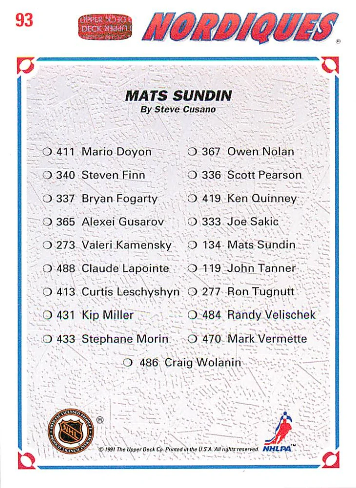 1991-92 UD Series - Mats Sundin - Nordiques Checklist #93