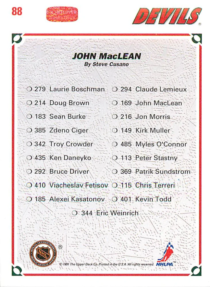 1991-92 UD Series - John MacLean - Devils Checklist #88