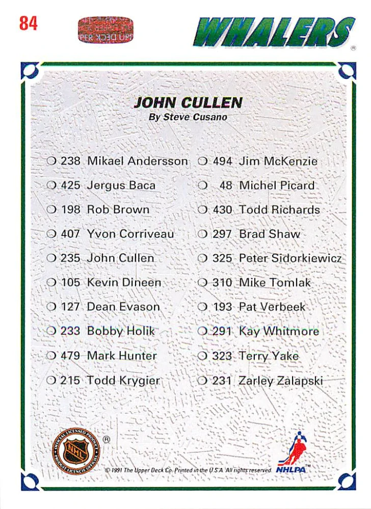 1991-92 UD Series - John Cullen - Whalers Checklist #84