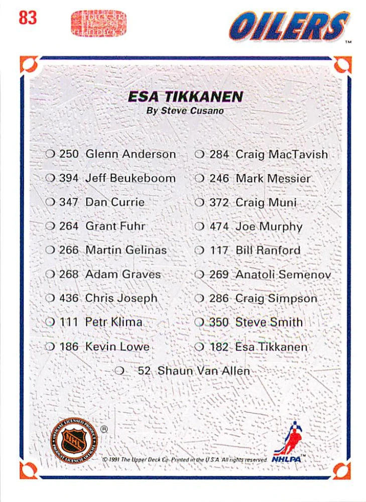 1991-92 UD Series - Esa Tikkanen - Oilers Checklist #83