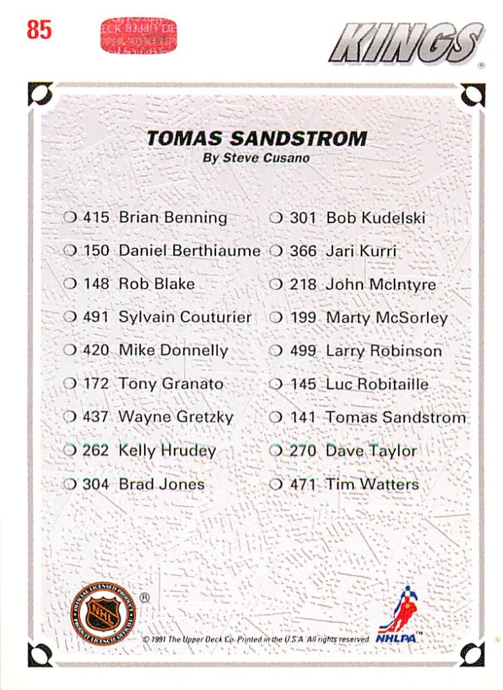 1991-92 UD Series - Tomas Sandstrom - Kings Checklist #85