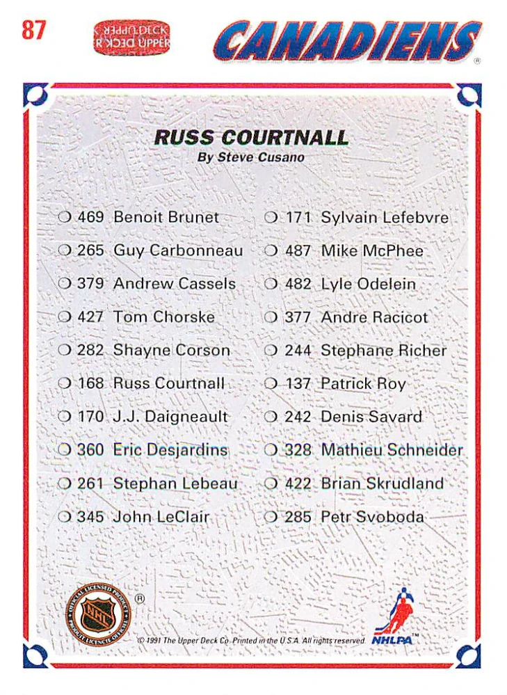 1991-92 UD Series - Russ Courtnall - Canadiens Checklist #87