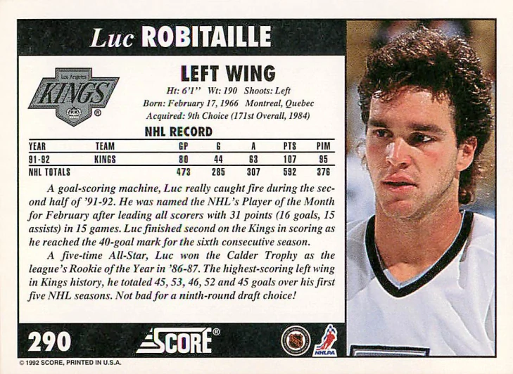 1992-93 Score - Luc Robitaille #290