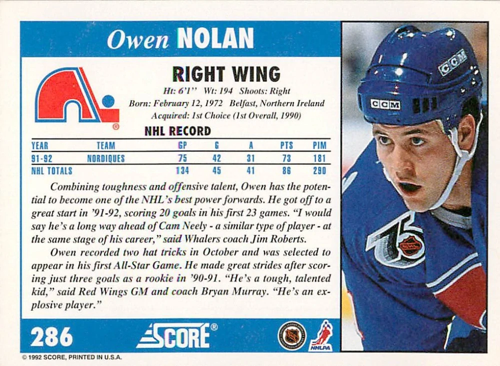 1992-93 Score - Owen Nolan #286