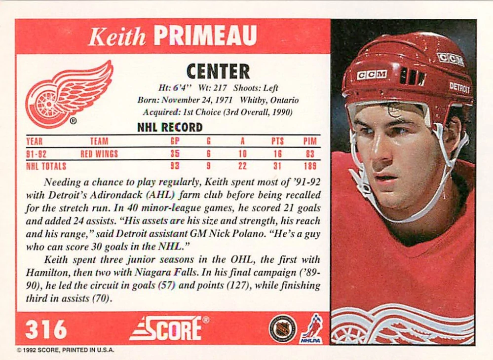 1992-93 Score - Keith Primeau #316