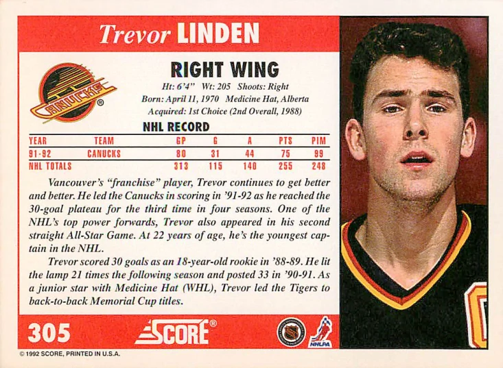 1992-93 Score - Trevor Linden #305