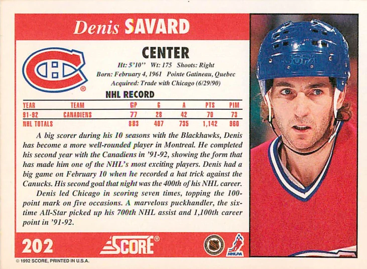1992-93 Score - Denis Savard #202