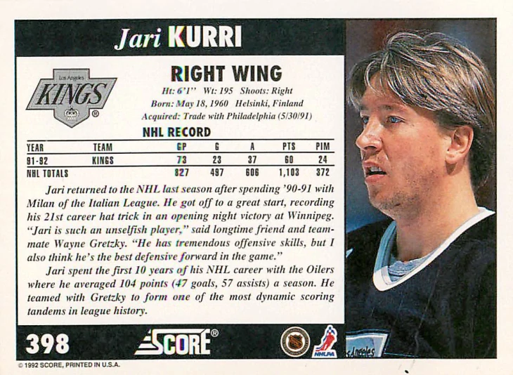 1992-93 Score - Jari Kurri #398