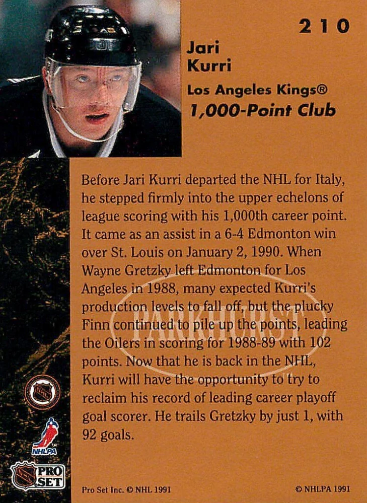 1991-92 Parkhurst - Jari Kurri - 1000-Point Club #210