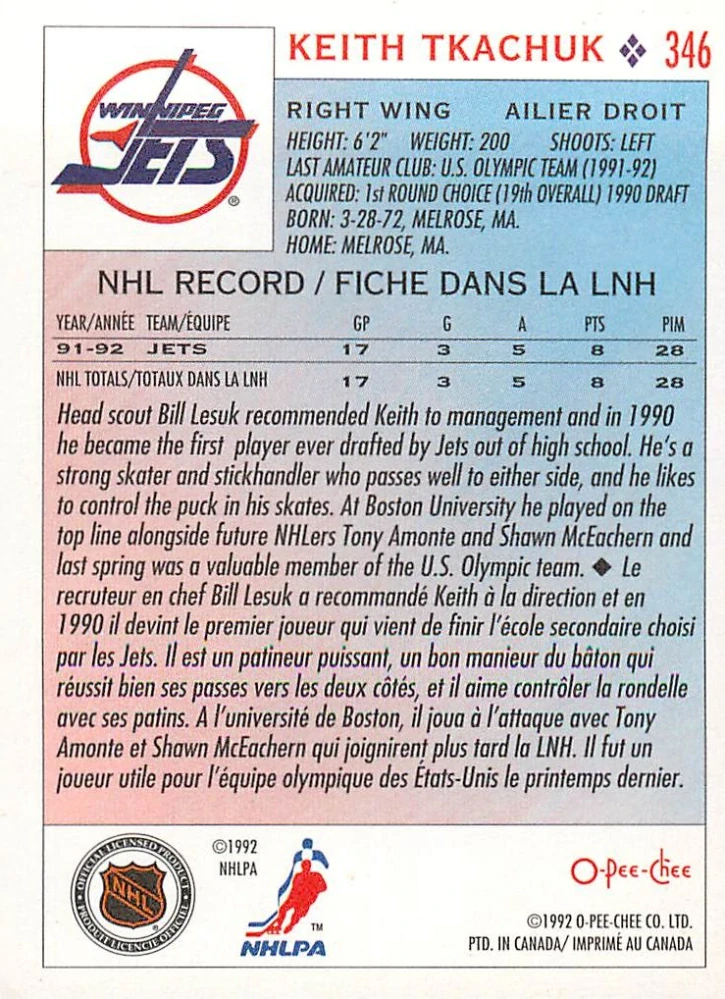 1992-93 O-Pee-Chee - Keith Tkachuk #346