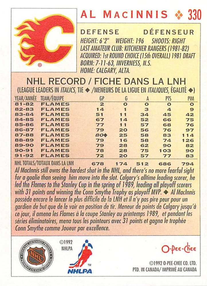 1992-93 O-Pee-Chee - Al MacInnis #330