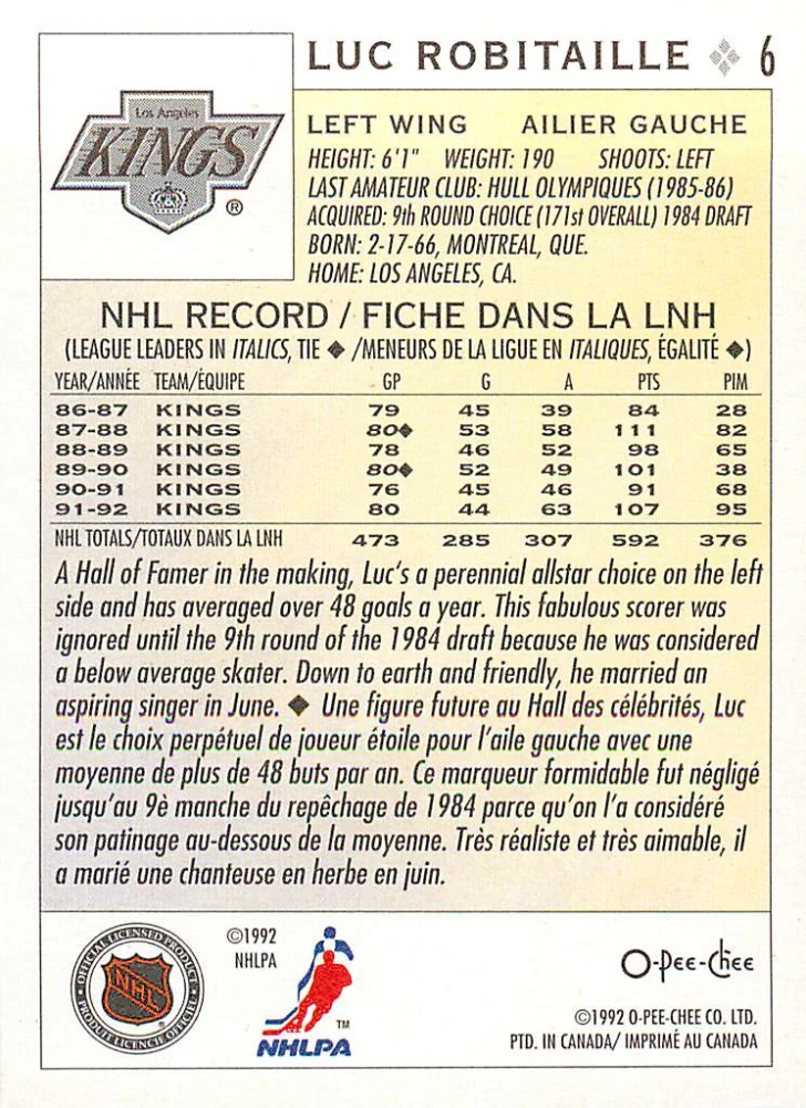 1992-93 O-Pee-Chee - Luc Robitaille #6