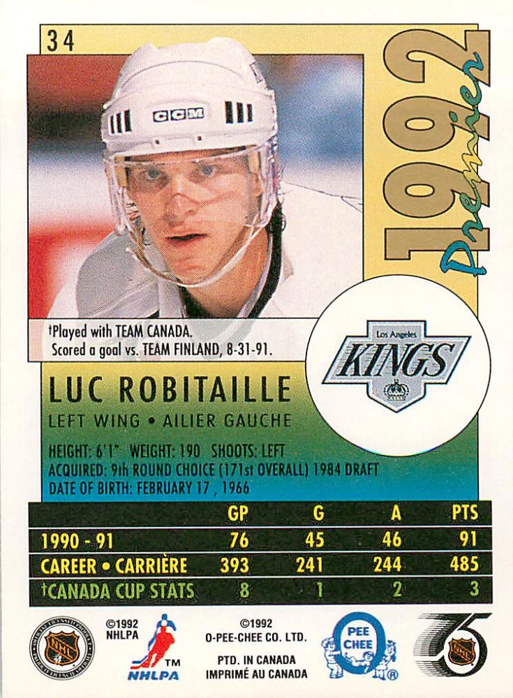 1991-92 O-Pee-Chee Premier - Luc Robitaille #34