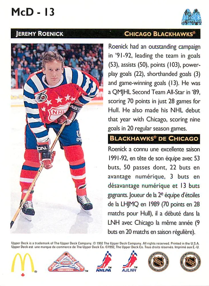 1992-93 UD McDonald's - Jeremy Roenick #McD-13