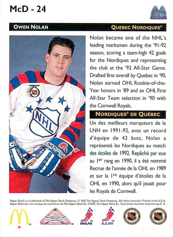 1992-93 UD McDonald's - Owen Nolan #McD-24