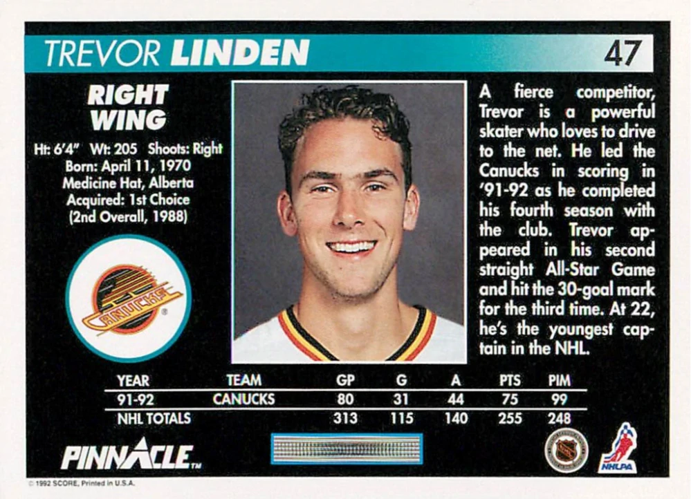 1992-93 Pinnacle - Trevor Linden #47
