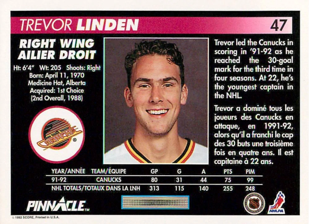 1992-93 Pinnacle Canadian - Trevor Linden #47