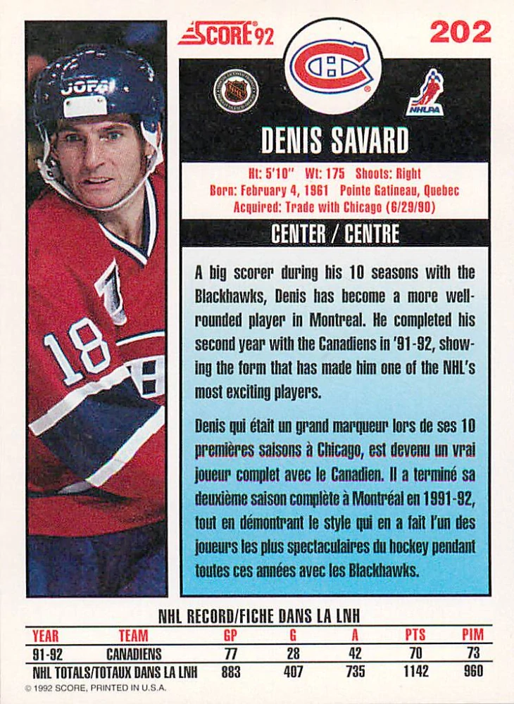 1992-93 Score Canadian - Denis Savard #202