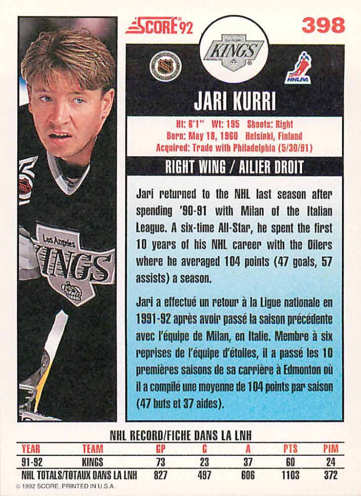 1992-93 Score Canadian - Jari Kurri #398