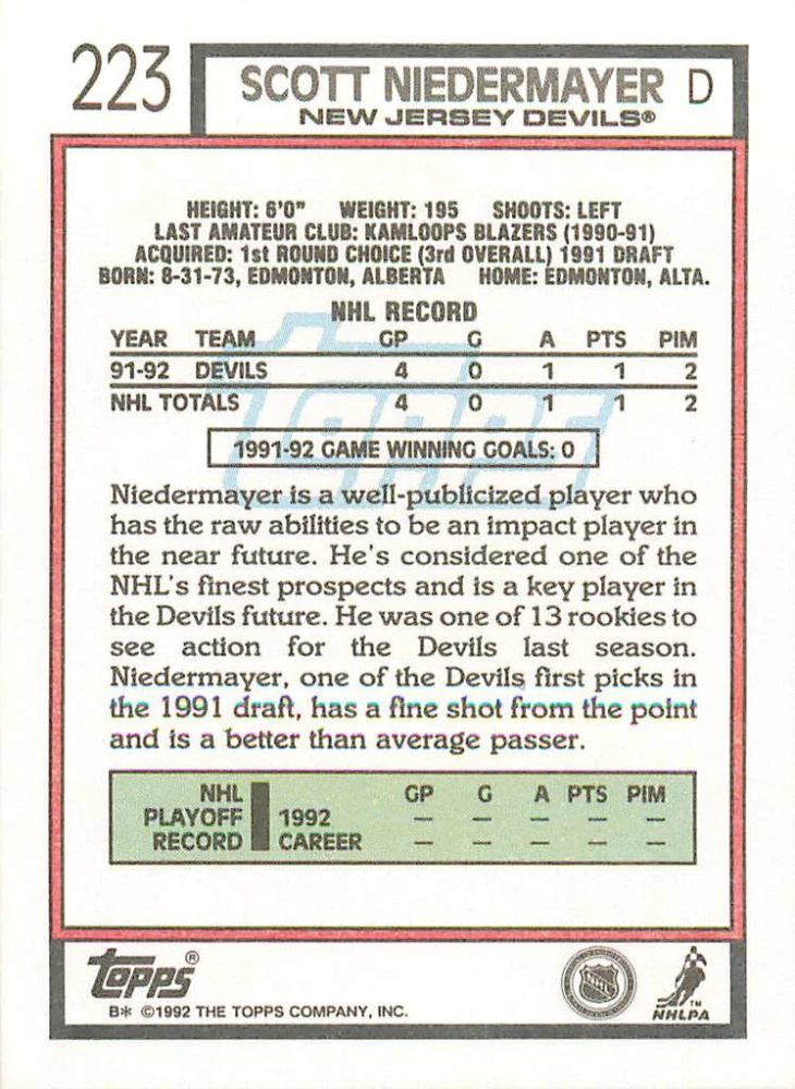 1992-93 Topps - Scott Niedermayer #223