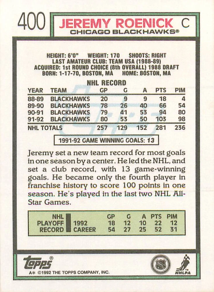 1992-93 Topps - Jeremy Roenick #400