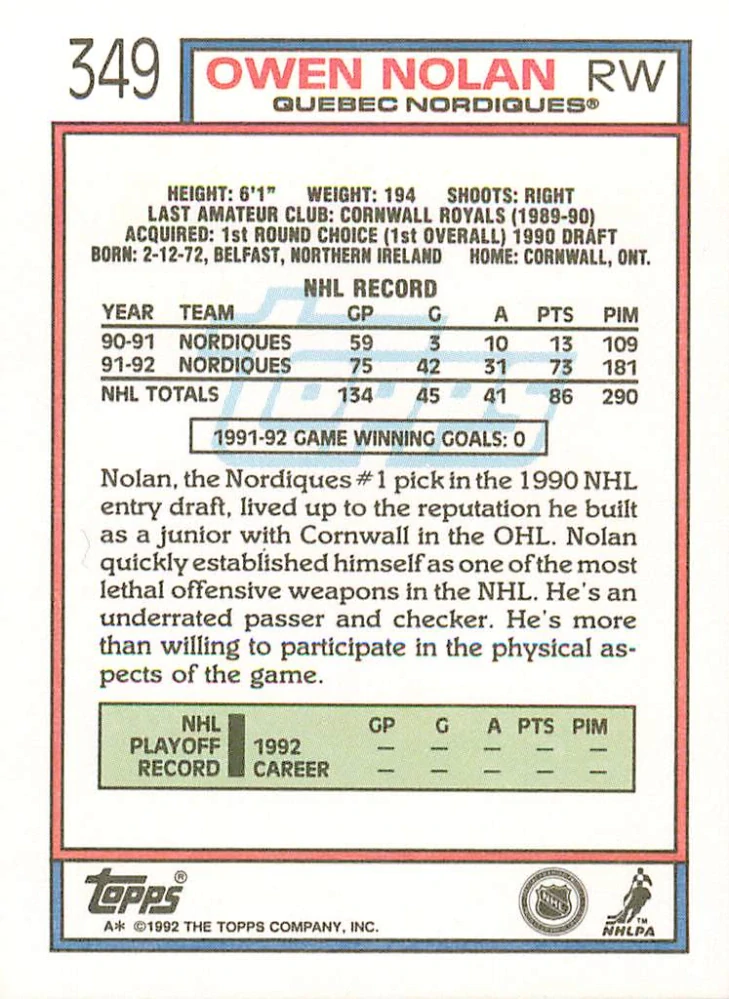 1992-93 Topps - Owen Nolan #349