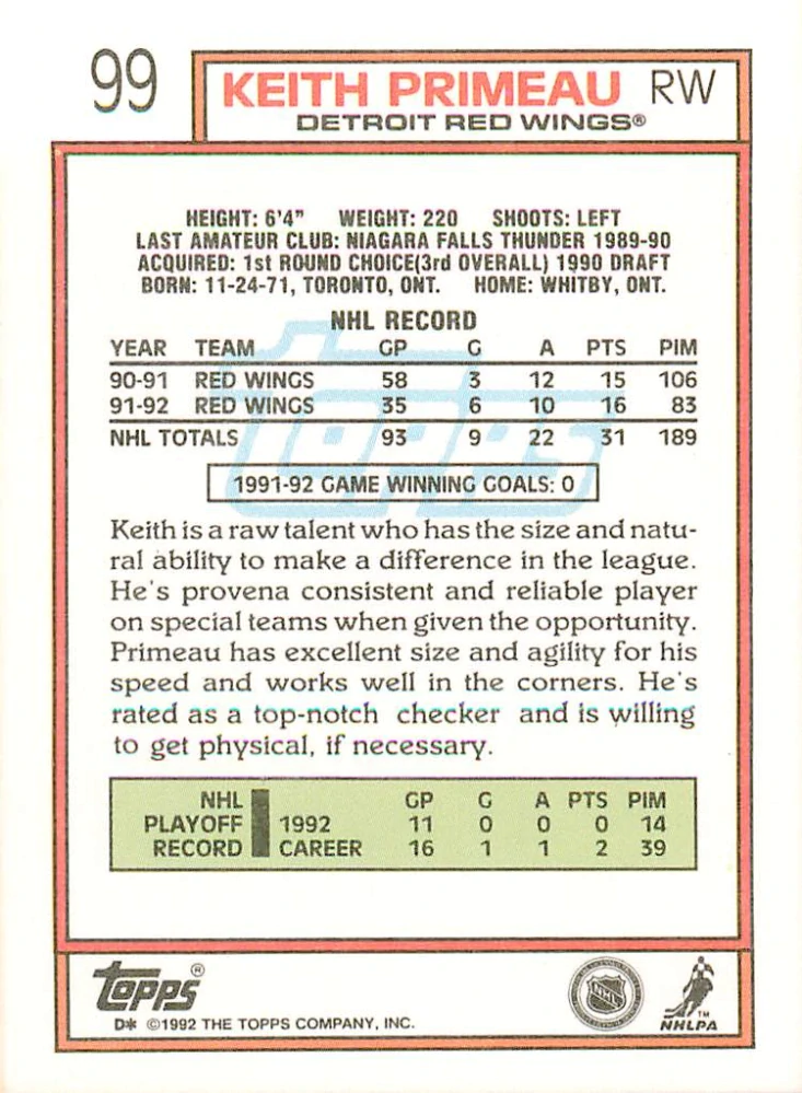 1992-93 Topps - Keith Primeau #99