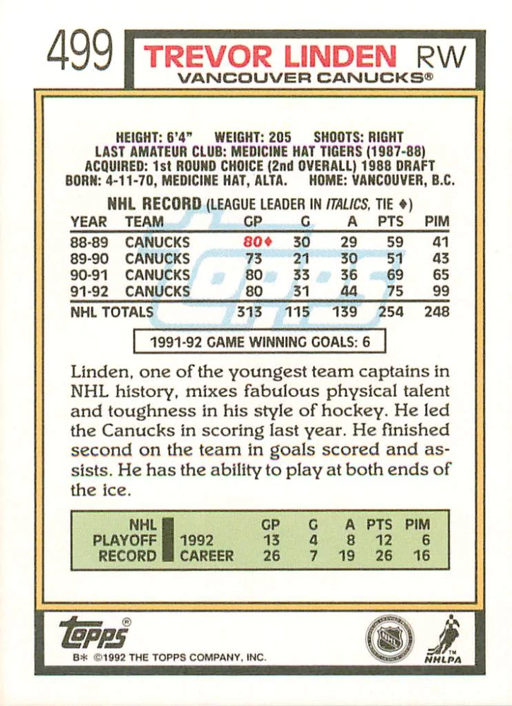 1992-93 Topps - Trevor Linden #499