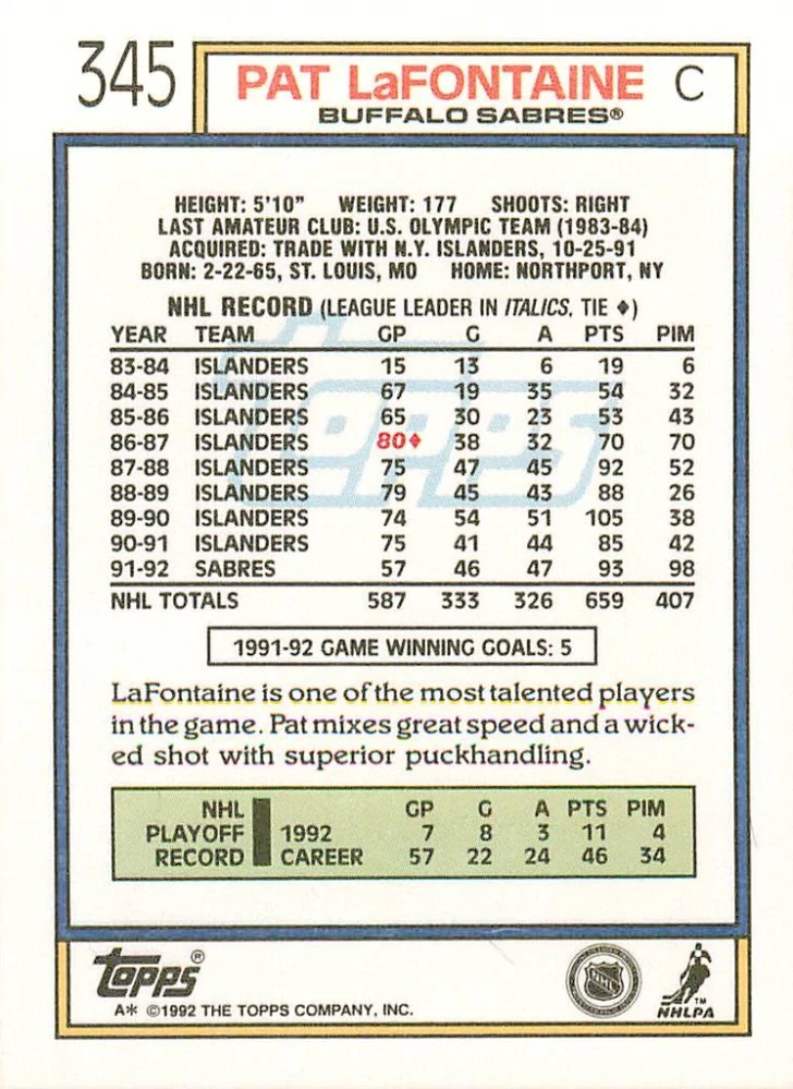 1992-93 Topps - Pat LaFontaine #345