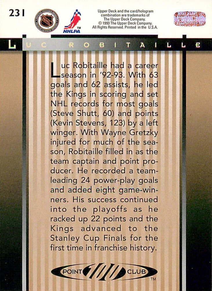 1993-94 UD Series 1 - Luc Robitaille - 100 Point Club #231