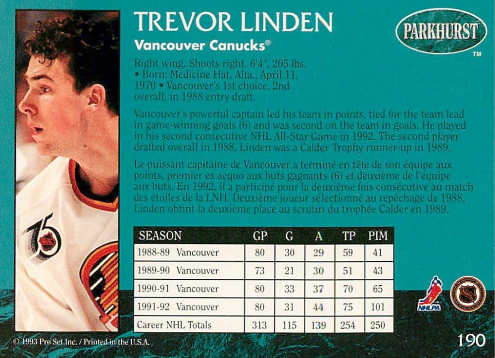 1992-93 Parkhurst  - Trevor Linden #190