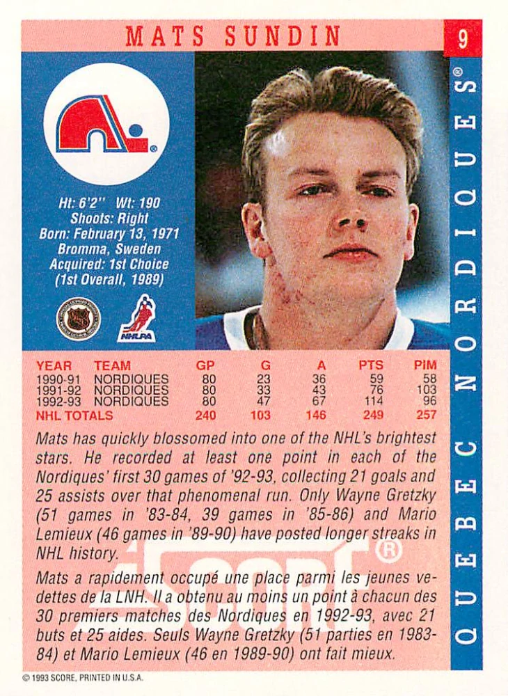 1993-94 Score - Mats Sundin (French) #9