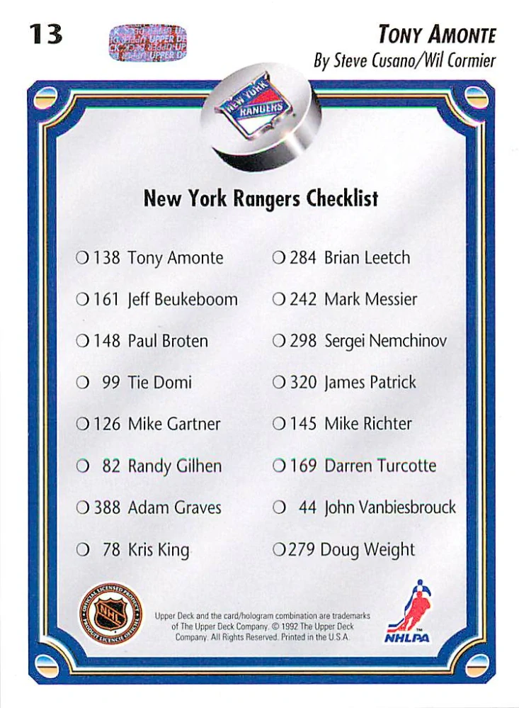 1992-93 UD Series - Tony Amonte - New York Rangers Checklist #13