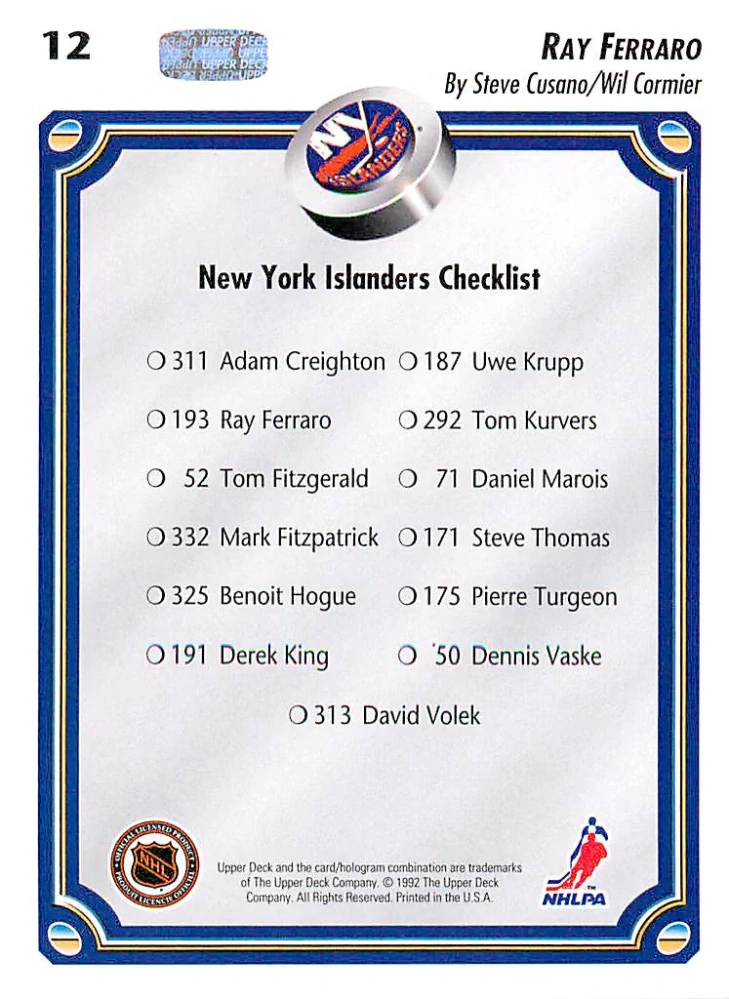 1992-93 UD Series - Ray Ferraro - New York Islanders Checklist #12