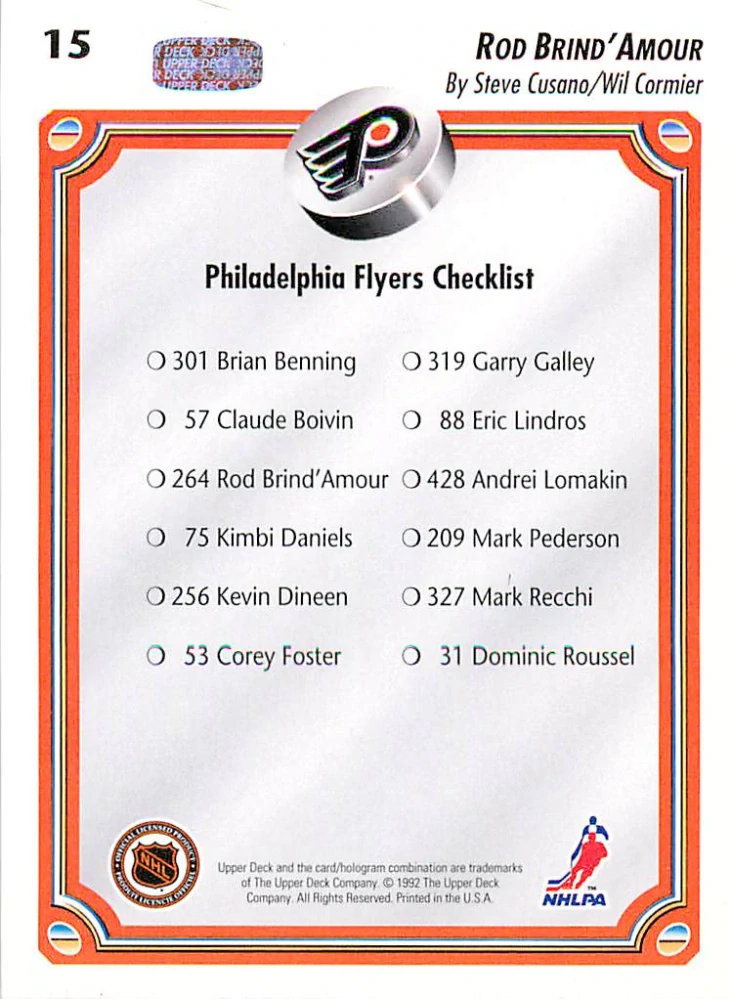 1992-93 UD Series - Rod Brind'Amour - Philadelphia Flyers Checklist #15
