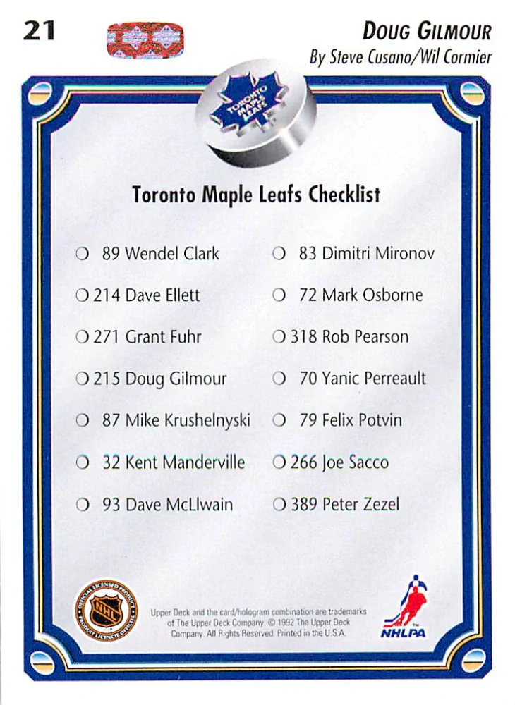 1992-93 UD Series - Doug Gilmour - Toronto Maple Leafs Checklist #21
