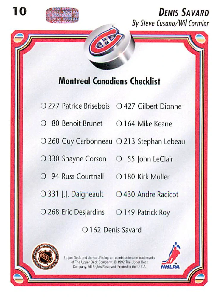 1992-93 UD Series - Denis Savard - Montreal Canadiens Checklist #10