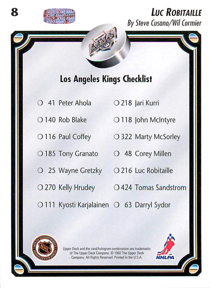 1992-93 UD Series - Luc Robitaille - Los Angeles Kings Checklist #8