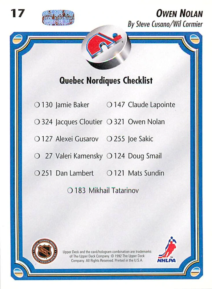 1992-93 UD Series - Owen Nolan - Quebec Nordiques Checklist #17