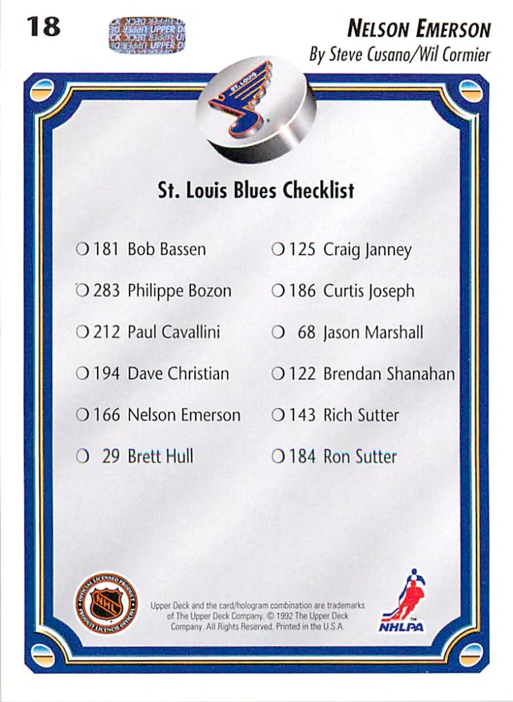 1992-93 UD Series - Nelson Emerson - St.Louis Blues Checklist #18