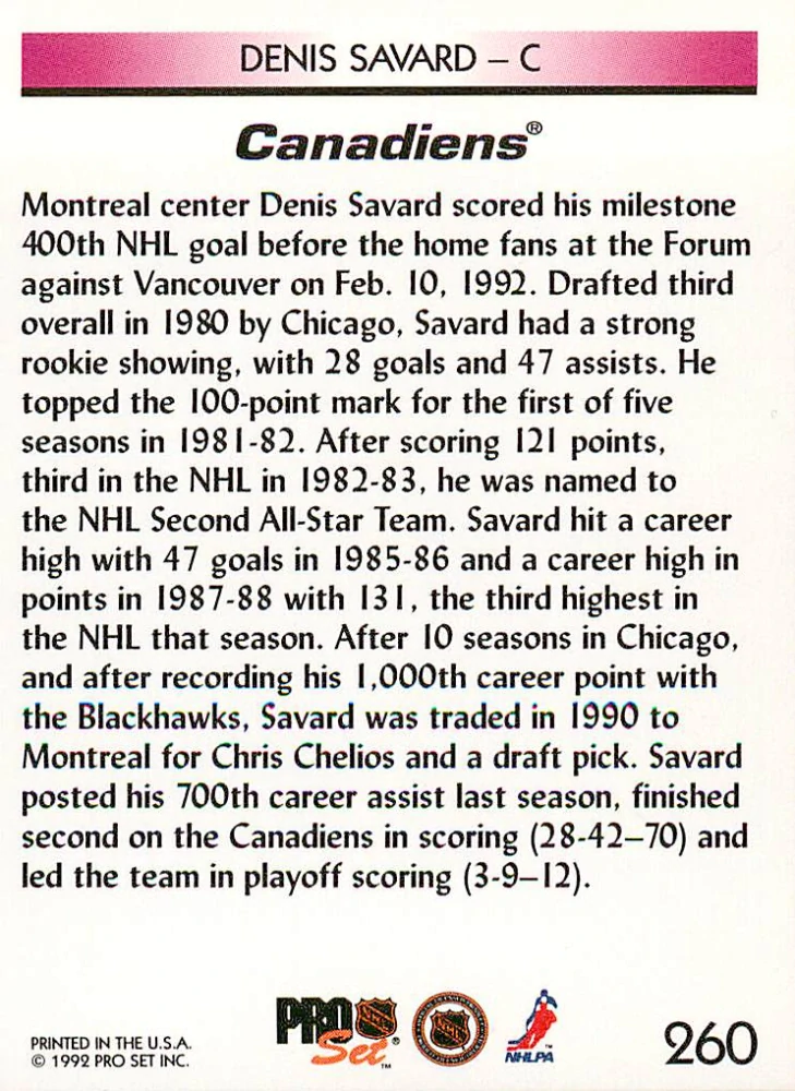 1992-93 Pro Set - Denis Savard #260