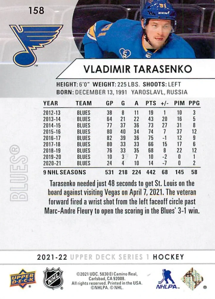 2021-22 UD Series 1 - Vladimir Tarasenko #158
