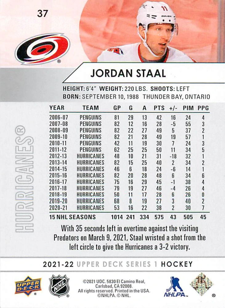 2021-22 UD Series 1 - Jordan Staal #37