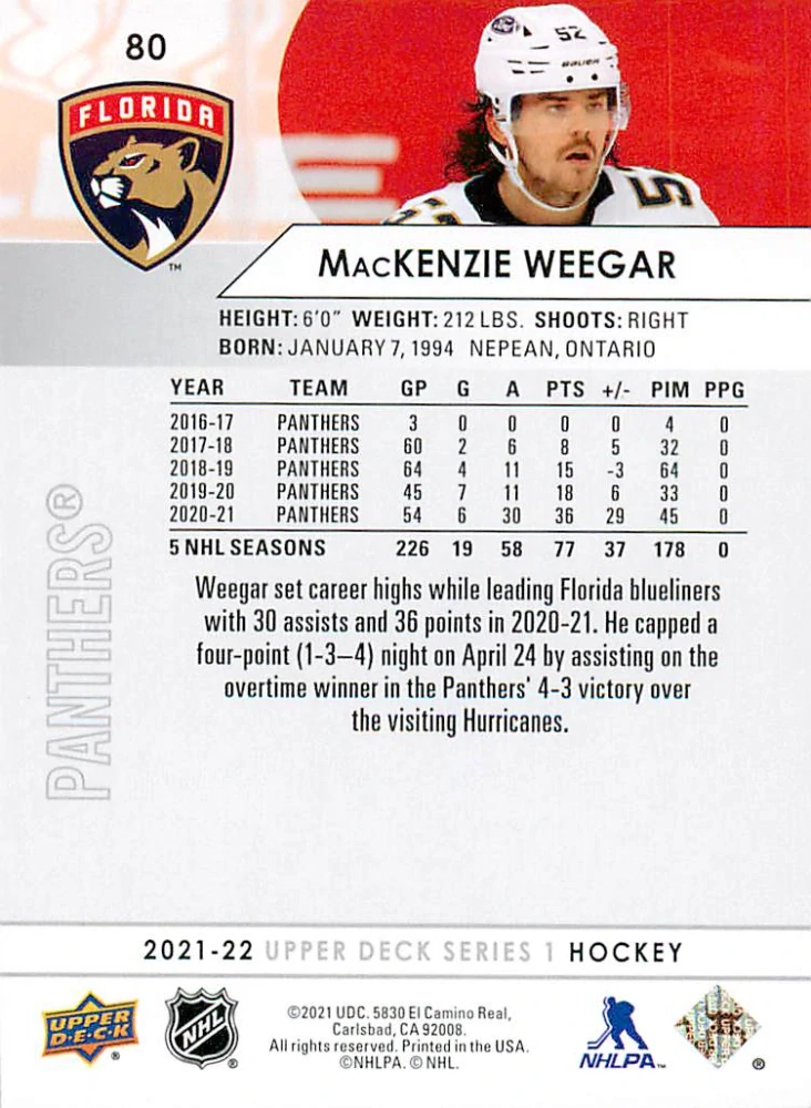 2021-22 UD Series 1 - MacKenzie Weegar #80