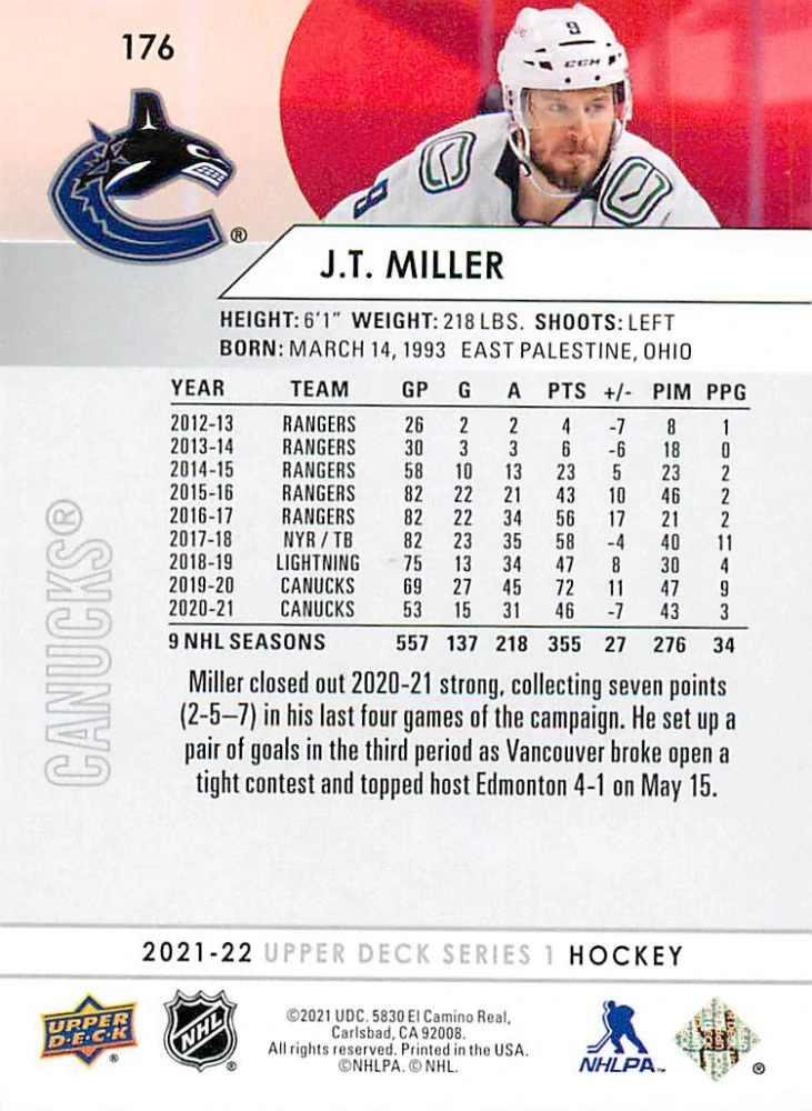 2021-22 UD Series 1 - J.T. Miller #176