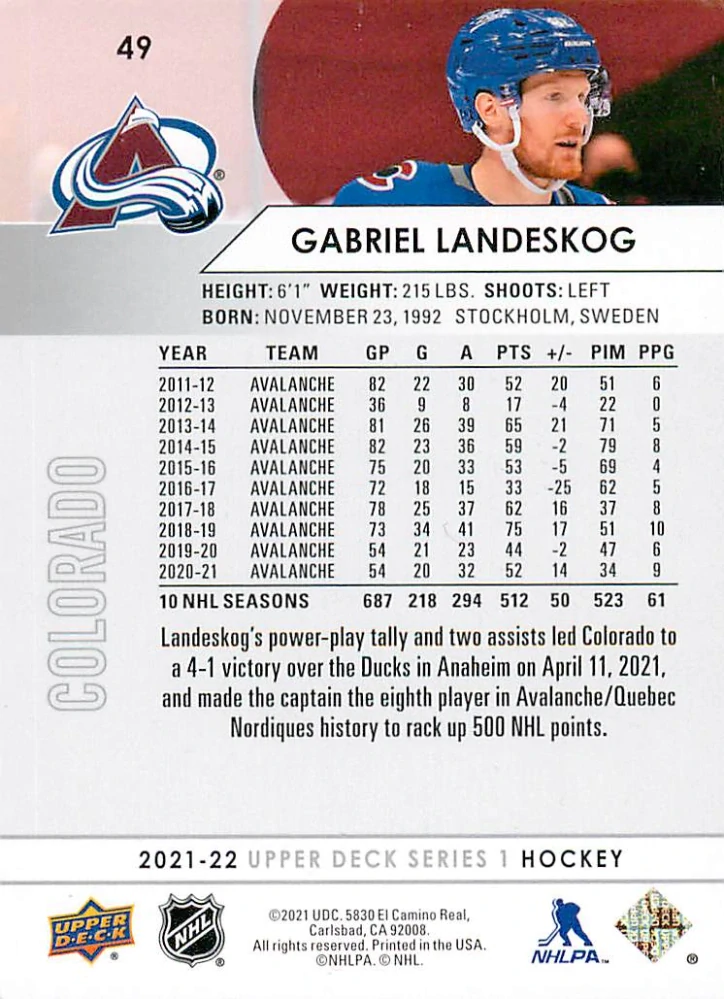 2021-22 UD Series 1 - Gabriel Landeskog #49