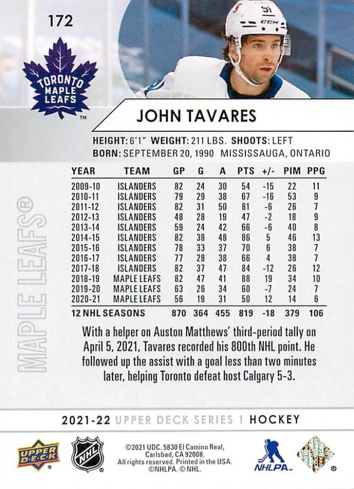 2021-22 UD Series 1 - John Tavares #172