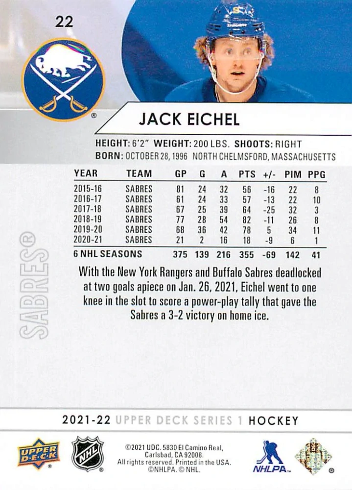 2021-22 UD Series 1 - Jack Eichel #22