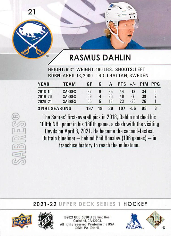 2021-22 UD Series 1 - Rasmus Dahlin #21