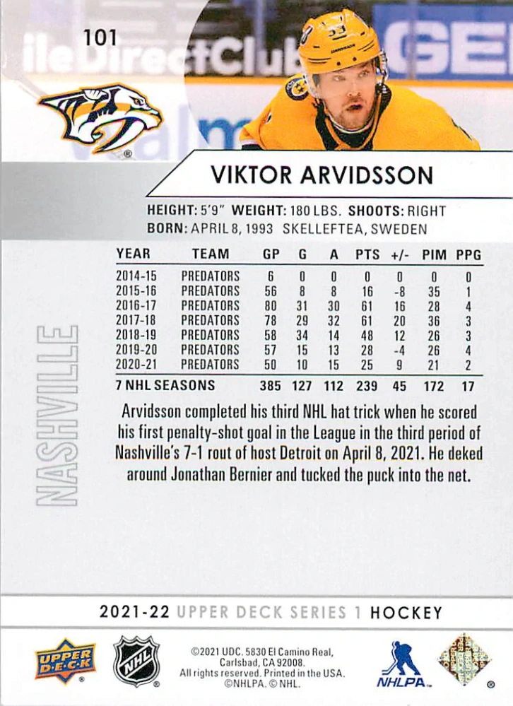 2021-22 UD Series 1 - Victor Arvidsson #101